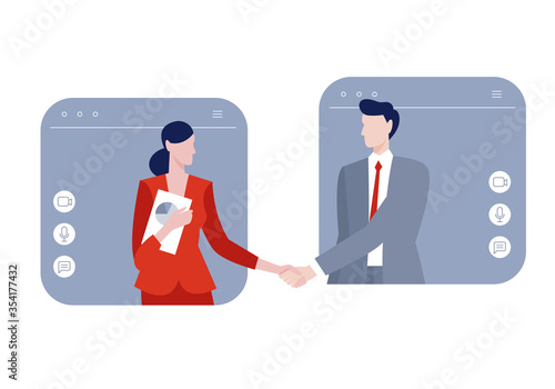 Simple Flat Concept illustration. Man and woman greeting with handshake during video conference.