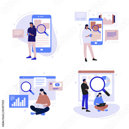 Simple Flat Concept illustrations set Related to Search. Man and woman characters showing search process with mobile phone and abstract data elements. © neatlynatly