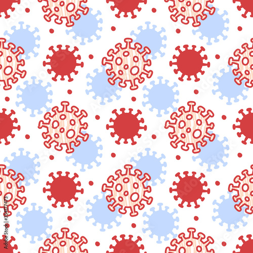 Coronavirus 2019-nCoV microorganism illustration - seamless vector pattern of Covid-19 pandemic for concepts of news about lockdown or outbreak from Wuhan - China and flu global spread.