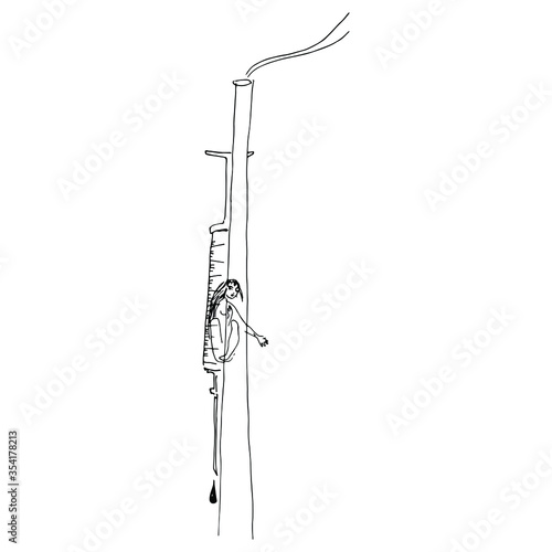 Suicidal drag addicted girl and crematorium tube. Teenage problems. Creative concept. Hand drawn linear sketch. Black and white silhouette. Isolated vector illustration. 