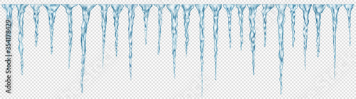 Set of translucent light blue realistic icicles of different lengths on transparent background. Transparency only in vector format