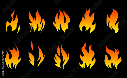 Collection of Fire and Flame icons on black background. Vector Illustration and graphic outline elements.