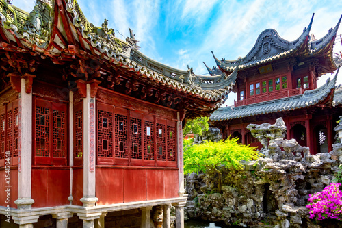 Photography Details of the historic Yuyuan Garden buildings during summer sunny day in Shang