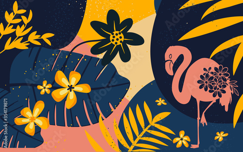 Collage floral pattern. Modern exotic jungle flowers, flamingo and plants illustration in vector. summer background