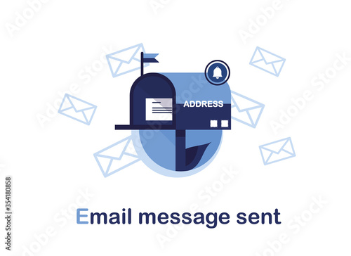 Vector banner illustration of email marketing. Subscription to newsletter, news, offers, promotions. Mailbox with a letter and envelope. Sending to the recipient address. Message sent. Blue. Eps 10