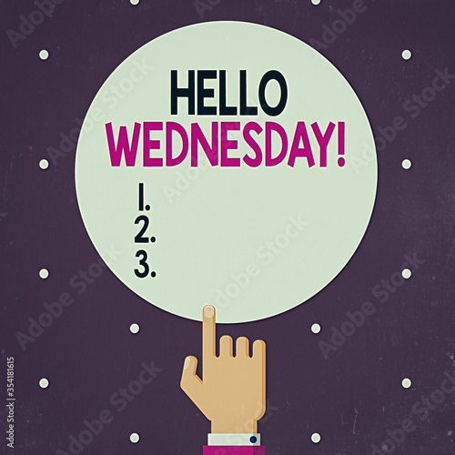 Word writing text Hello Wednesday. Business photo showcasing it is a good day when you reach in the middle of the week Male Hu analysis Hand Pointing up Index finger Touching Solid Color Circle photo