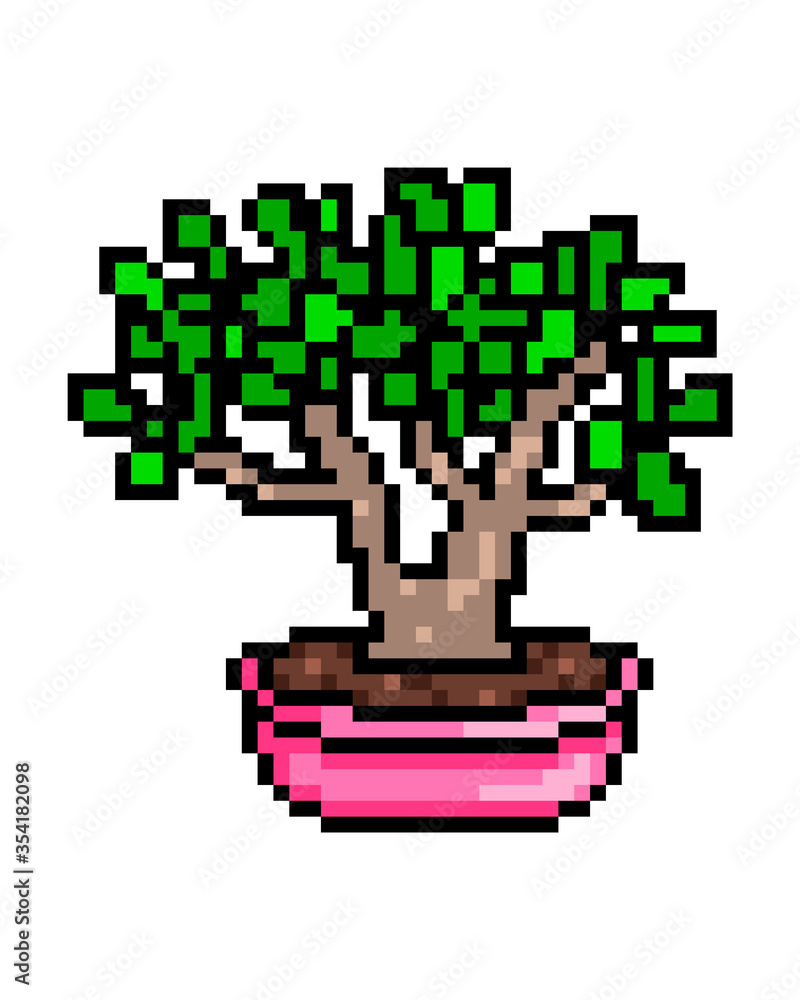 Crassula ovata (jade plant) bonsai in a pink pot, pixel art icon isolated on white background. 8 bit succulent houseplant symbol. Home/office interior element. Vintage slot machine/video game graphics