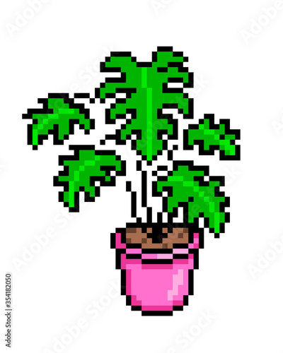 Monstera in a pink pot, pixel art icon isolated on white background. 8 bit decorative exotic houseplant. Home/office interior design element. Old school vintage retro slot machine/video game graphics.