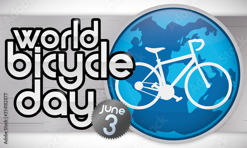 Bike Silhouette over Globe and Metallic Sign Celebrating World Bicycle Day  Vector Illustration