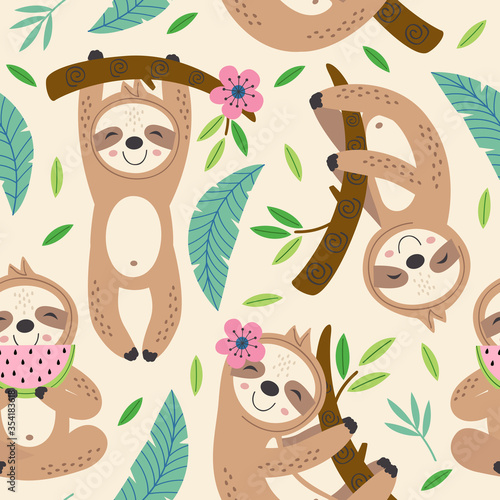 seamless pattern with cute sloth hanging on a branch
 -  vector illustration, eps