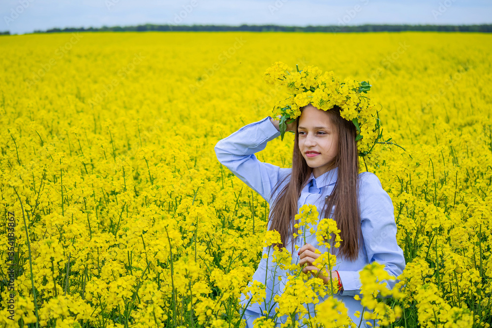 Fototapeta premium One caucasian beautiful girl in blue shirt, with long brown hair and wreath of rapeseed flower on the head. Yellow background. Rural landscape.
