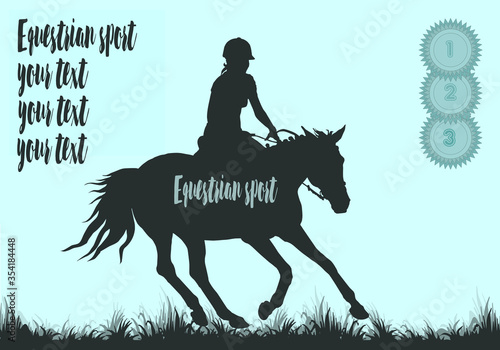 equestrian competitions, show jumping, women riders on horses, vector isolated images on a blue background