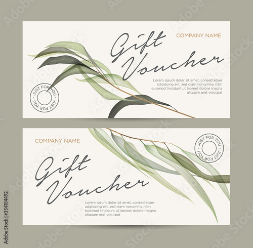 Gift card with floral decoration. Invitation card. Coupon template. Eucalyptus leaves on a light background. Background for the invitation, shop, beauty salon, spa.