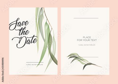 Wallpaper Mural Wedding invitation in the botanical style. Eucalyptus branch on a light background. Background for the invitation, shop, beauty salon, spa. Torontodigital.ca