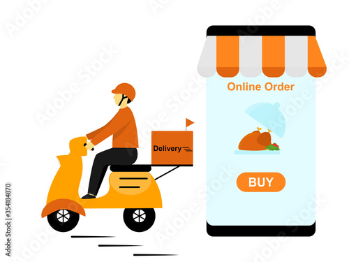 Food delivery ride motorbike, deliveryman send food to your home, hot food delivery service from restaurant, marketing flat cartoon character scooter online order, Smartphone application order online