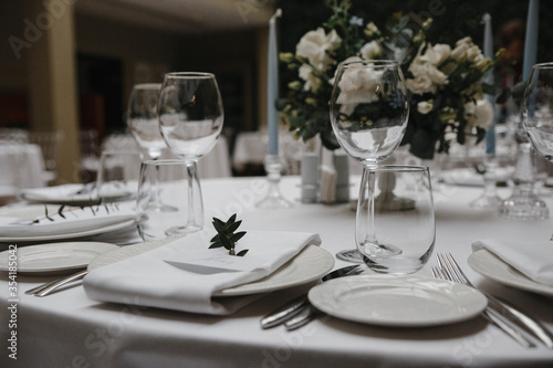 table, restaurant, dinner, wedding, glass, setting, banquet, dining, party, plate, decoration, napkin, white, tablecloth, food, catering, wine, luxury, reception, celebration, fork, event, elegant