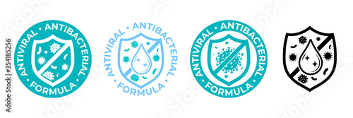 Antibacterial hand gel icon, anti bacterial antiseptic wash, vector logo. Covid coronavirus clean hygiene label, antiviral sanitizer protection shield sign, medical antibacterial alcohol hand wash
