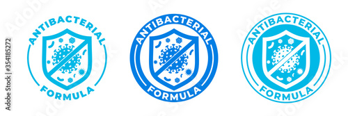 Antibacterial hand gel icon, vector shield logo, anti bacterial formula antiseptic hand wash. Covid coronavirus clean hygiene medical protection shield label, antibacterial alcohol sanitizer