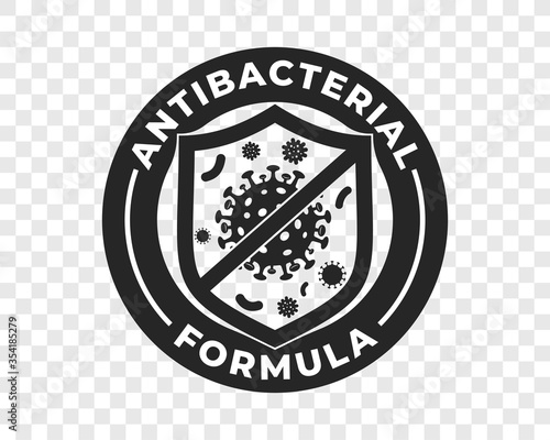 Antibacterial hand gel icon, vector shield and virus logo, anti bacterial formula antiseptic hand wash. Covid coronavirus antibacterial alcohol sanitizer, clean hygiene medical protection shield label