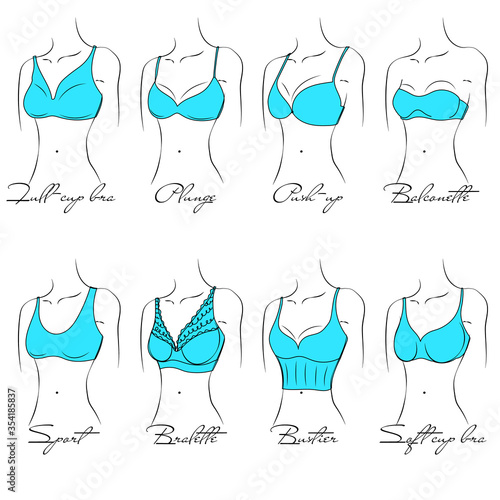 Illustration of the design and variety of women's bras. Hand-drawn lingerie models. Brasseries are classified into various styles based on criteria. 