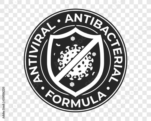 Antibacterial hand gel icon, anti bacterial formula shield and virus vector logo. Antiseptic hand wash, antibacterial alcohol sanitizer, Covid coronavirus clean hygiene medical protection shield label