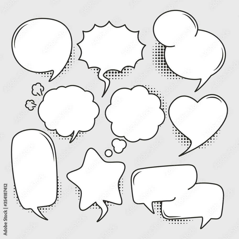 Obraz premium Set of Empty comic bubbles with the halftone effect shadow