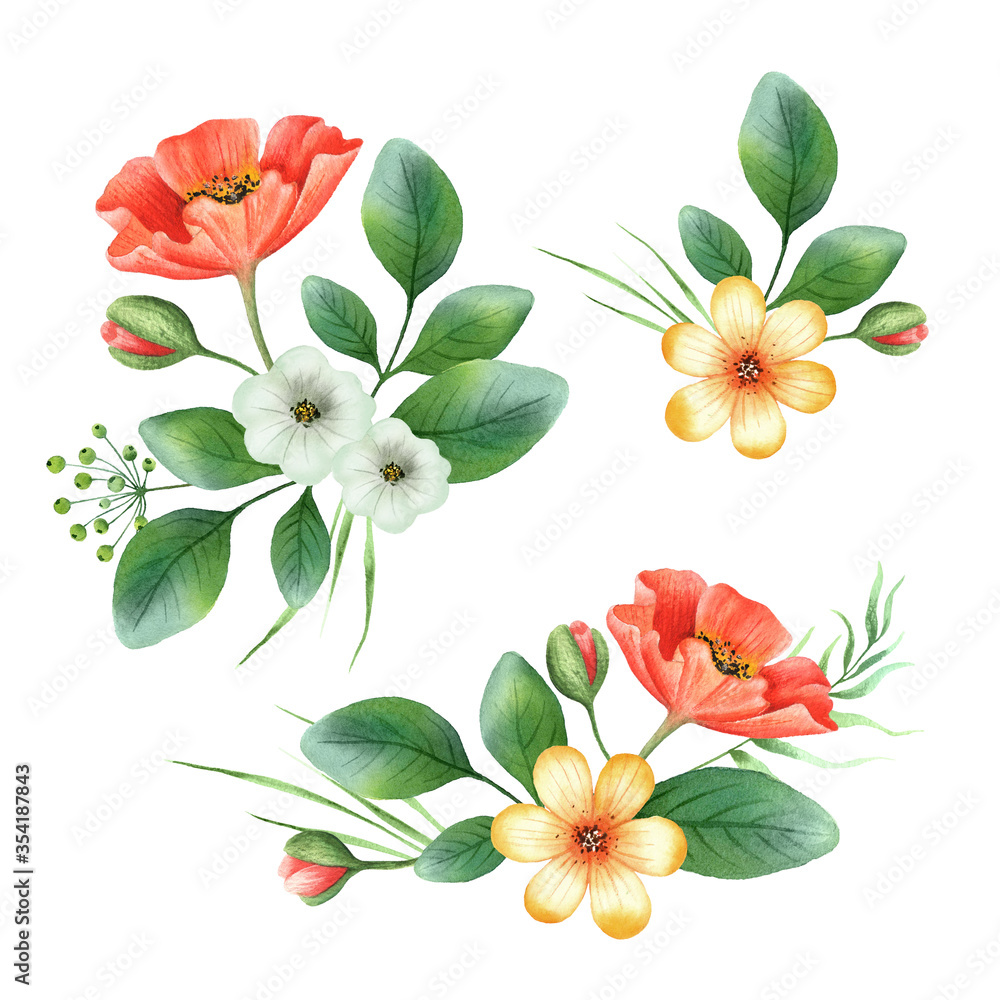 Watercolor hand painted summer bouquet with red poppy, small flowers, leaves. Flower design for label, packing, wedding invitation, save the date or greeting. Isolated on white background. Watercolor hand painted summer bouquet with red poppy, small flowers, leaves. Flower design for label, packing, wedding invitation, save the date or greeting. Isolated on white background.
