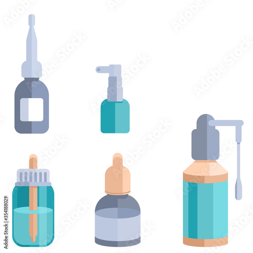 Antiseptic spray sticker set on white isolated backdrop. Nasal drops for social banner, web element, healthcare or medical poster. Online chemist shop, info card. Flat style stock vector illustration