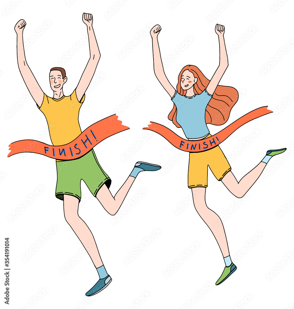 Set of hand drawn vector illustration. Winning happy man and woman resort to the finish line. Winners people concept. Colored doodle drawing in simple flat style isolated on white. Elements for design Set of hand drawn vector illustration. Winning happy man and woman resort to the finish line. Winners people concept. Colored doodle drawing in simple flat style isolated on white. Elements for design