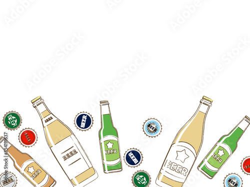シンプルなビールのイラスト背景、瓶とキャップ