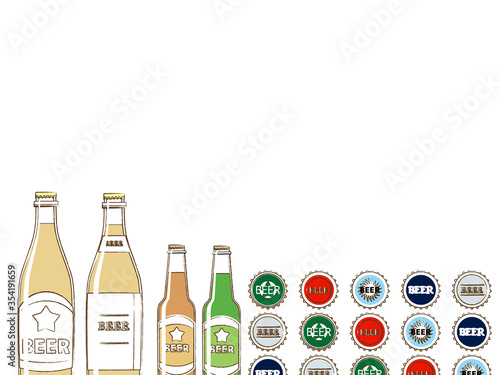 シンプルなビールのイラスト背景、瓶とキャップ