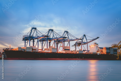 Shipping Import/Export Logistics Loading Terminal of Transportation Industry, Containers Maritime Shipyard of Sea Freight Transport Industrial. Cargo Container Unload Crane Machine of Ship Logistic