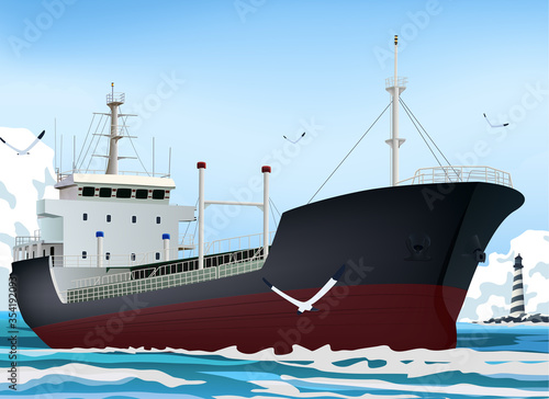 Freighter ship in the ocean and blue sky background vector