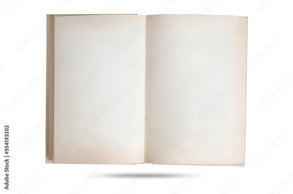  open old book with blank hardback pages isolated on white background