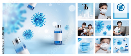 social media post. coronavirus COVID-19 under the microscope. 3d illustration. Concept illustration of a coronavirus vaccine. A medicine bottle and flying viruses. Vaccine complete development. 