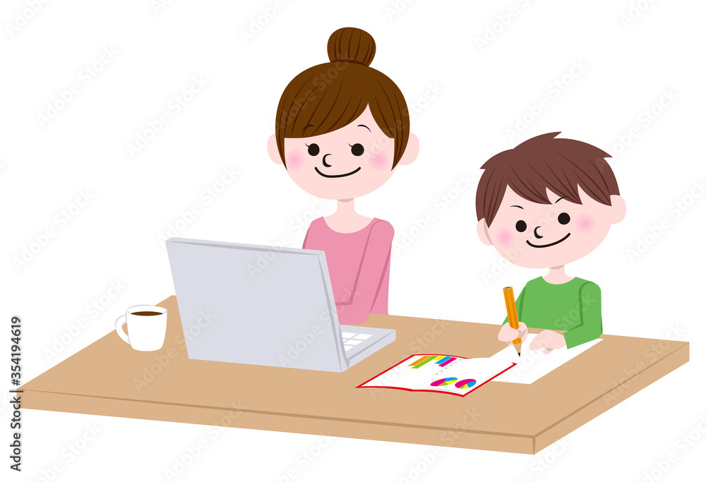 Illustration of woman working from home and child doing homework Illustration of woman working from home and child doing homework