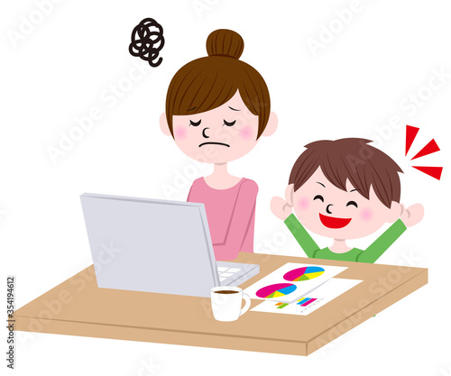 llustration of woman working from home while child making noise	