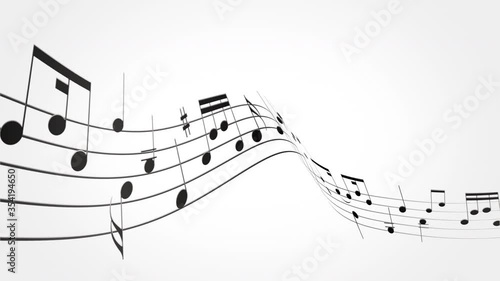 Beautiful wave of Music notes flowing curly on white background. Seamless loopable animation . 4K Ultra HD 3840x2160. With Alpha Channel Mask