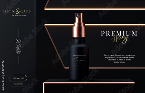 Elegant cosmetic spray for skin care on black background. Realistic vector 3d black and gold matte cosmetic spray mock up. Beautiful cosmetic flyer or banner template. Makeup products brand