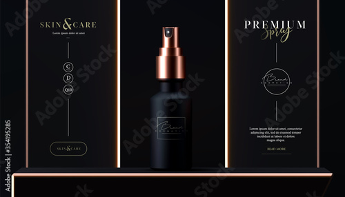 Elegant cosmetic spray for skin care on black background. Realistic vector 3d black and gold matte cosmetic spray mock up. Beautiful cosmetic template for ads. Makeup products brand.