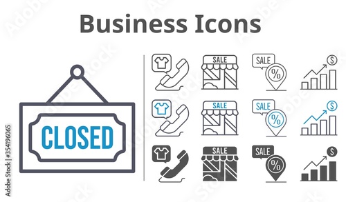 business icons icon set included profits, shop, closed, phone call, placeholder icons