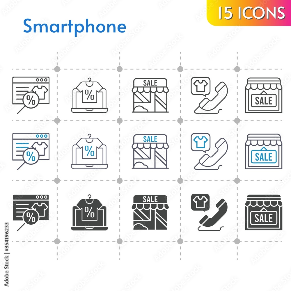 Fototapeta premium smartphone icon set. included online shop, shop, phone call icons on white background. linear, bicolor, filled styles.