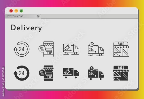 delivery icon set. included online shop, 24-hours, shop, delivery truck icons on white background. linear, filled styles.
