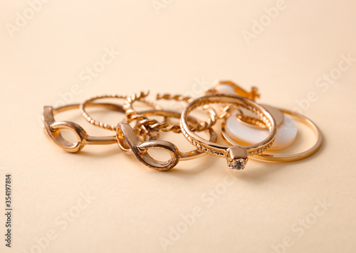 Beautiful rings on color background