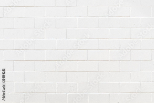 Backdrop of white painted concrete block in running bond pattern, creative copy space, horizontal aspect