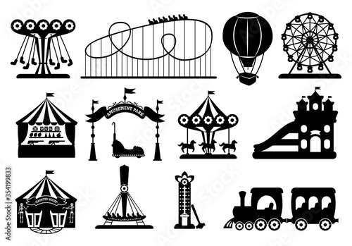 Amusement park black glyph set. Carousel silhouette cartoon style. Fairground, rollercoaster, carousel horse, air balloon, ferris wheel kid fun time. Circus marquee summer leisure. Vector illustration