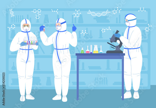 Scientist people in lab. With flasks, microscope, protective suits mask. Chemical laboratory scientist job, medicine workers flat character. Discovery vaccine coronavirus. Isolated vector illustration