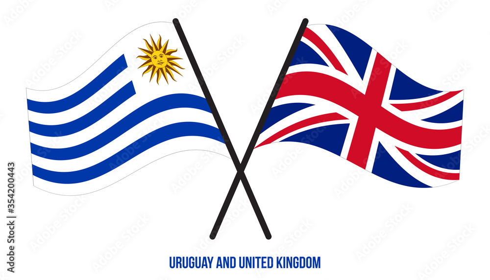 Uruguay and United Kingdom Flags Crossed And Waving Flat Style. Official Proportion. Correct Colors