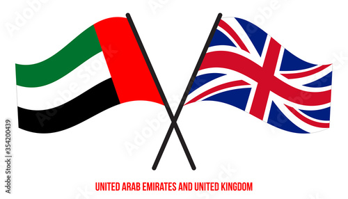 United Arab Emirates and United Kingdom Flags Crossed And Waving Flat Style. Official Proportion