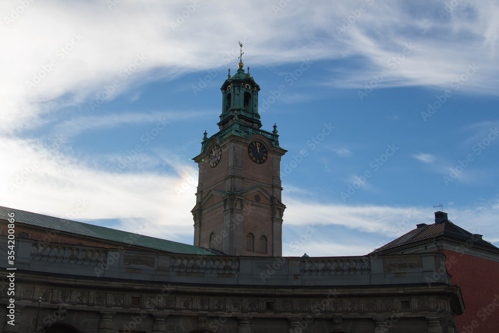 Close up view of the tower of Saint Nicholas Church or Storkyrkan, Stockholm, Sweden.
